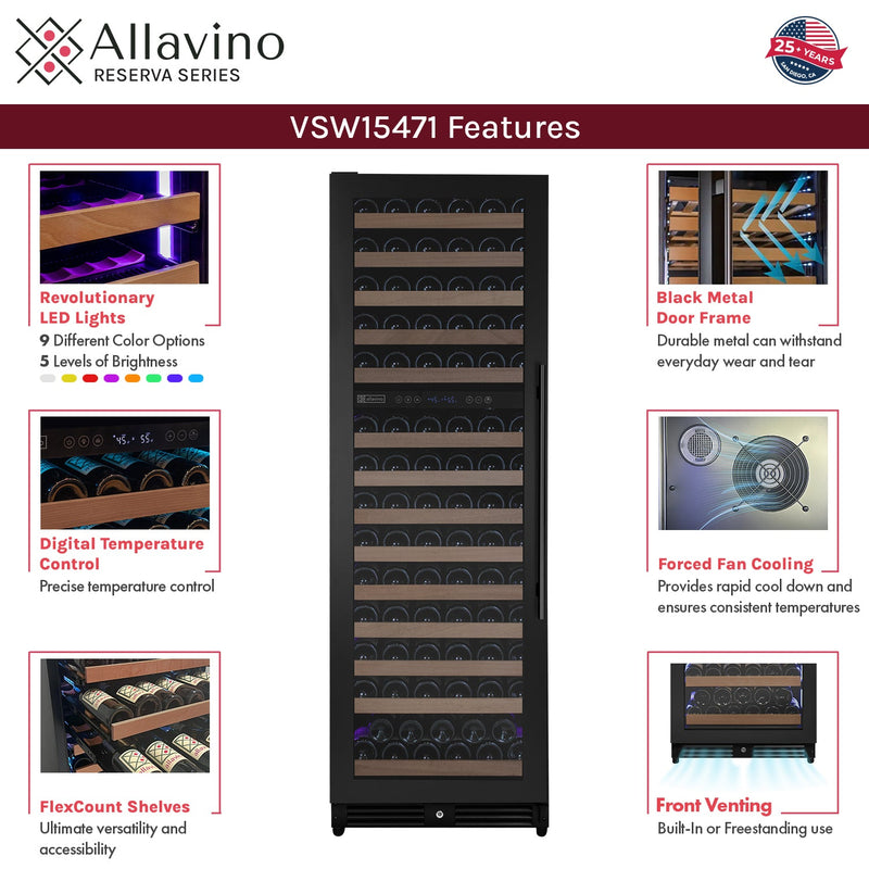 Reserva Series 154 Bottle 71" Tall Dual Zone Built-in Left Hinge Wine Refrigerator with Black Metal Door Allavino
