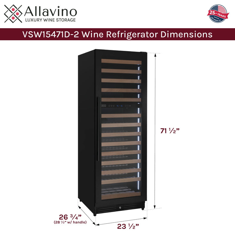 Reserva Series 154 Bottle 71" Tall Dual Zone Built-in Right Hinge Wine Refrigerator with Black Metal Door Allavino