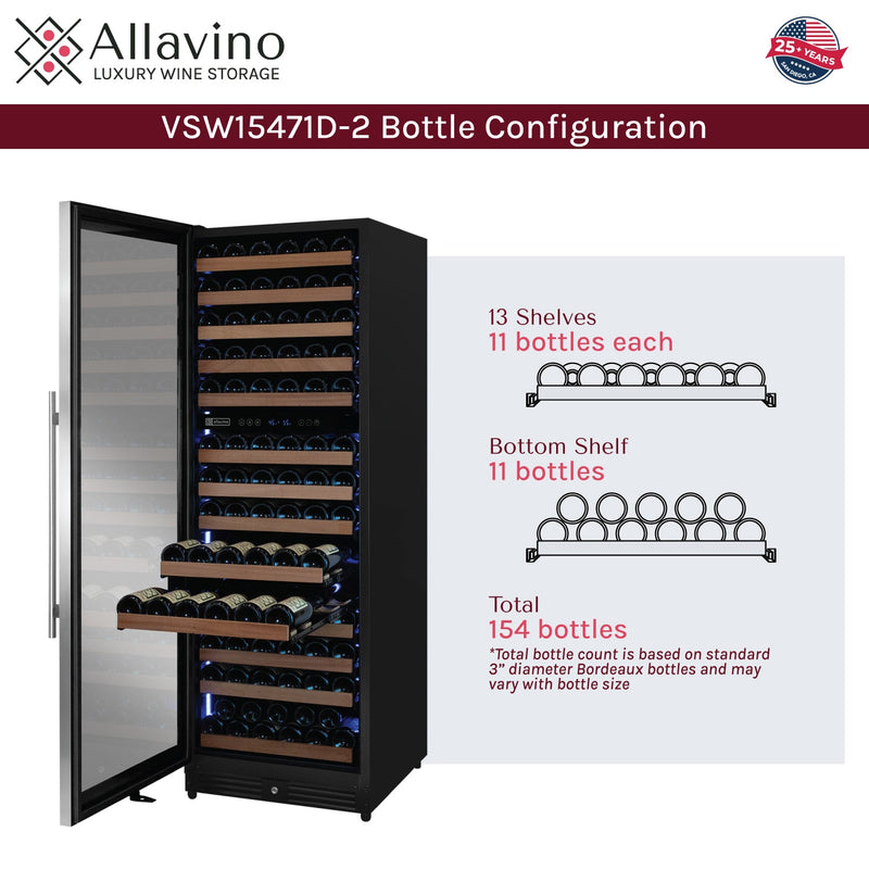 Reserva Series 154 Bottle 71" Tall Dual Zone Left Hinge Stainless Steel Wine Refrigerator Allavino