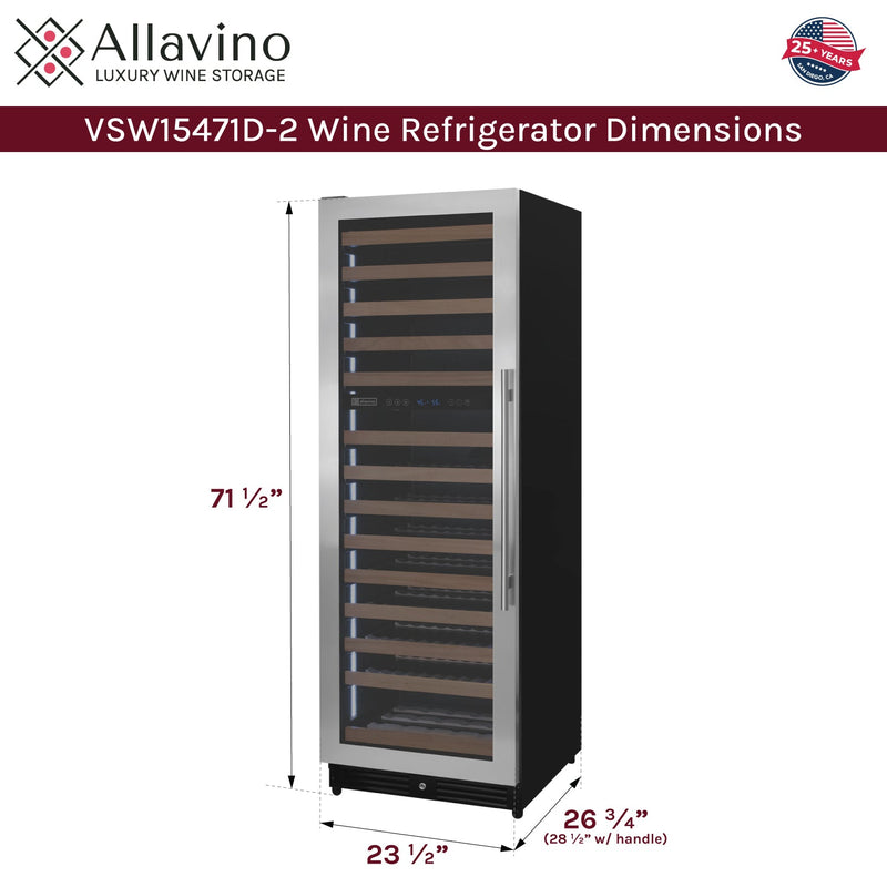 Reserva Series 154 Bottle 71" Tall Dual Zone Left Hinge Stainless Steel Wine Refrigerator Allavino