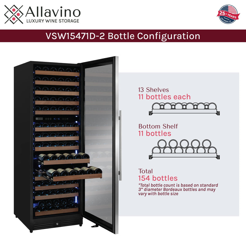 Reserva Series 154 Bottle 71" Tall Dual Zone Right Hinge Stainless Steel Wine Refrigerator Allavino