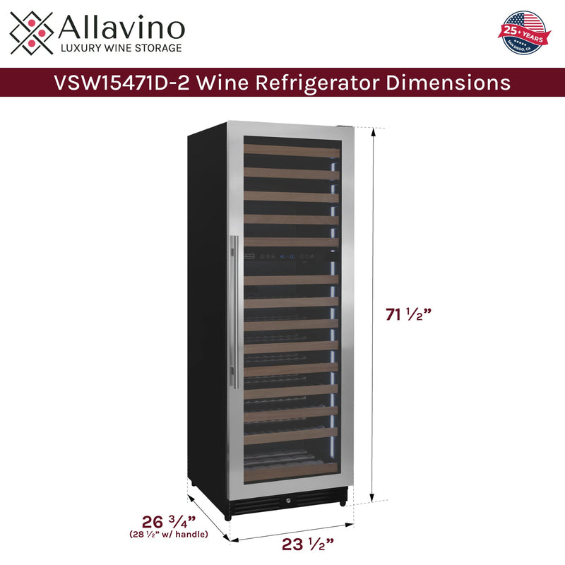 Reserva Series 154 Bottle 71" Tall Dual Zone Right Hinge Stainless Steel Wine Refrigerator Allavino