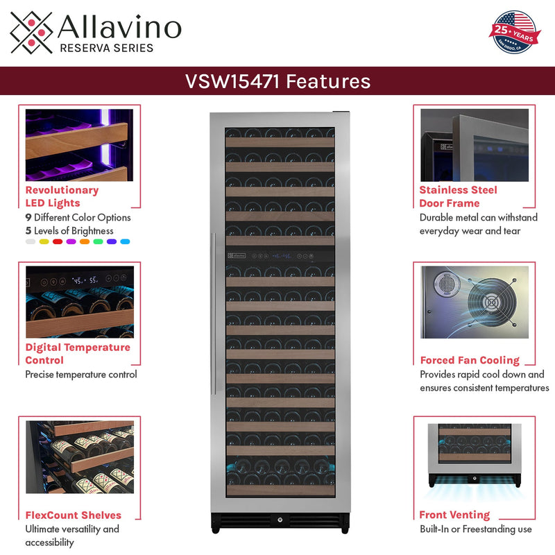 Reserva Series 154 Bottle 71" Tall Dual Zone Right Hinge Stainless Steel Wine Refrigerator Allavino