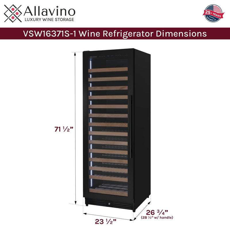 Reserva Series 163 Bottle 71" Tall Single Zone Left Hinge Black Metal Wine Cooler Refrigerator Allavino