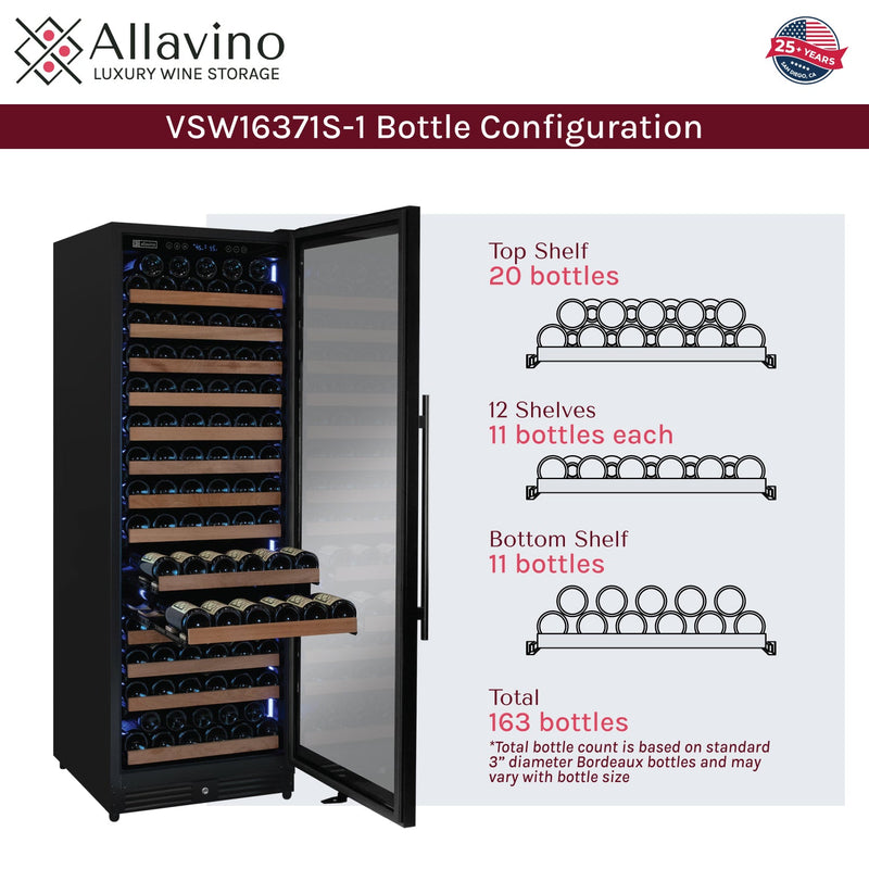 Reserva Series 163 Bottle 71" Tall Single Zone Right Hinge Black Metal Wine Cooler Refrigerator Allavino