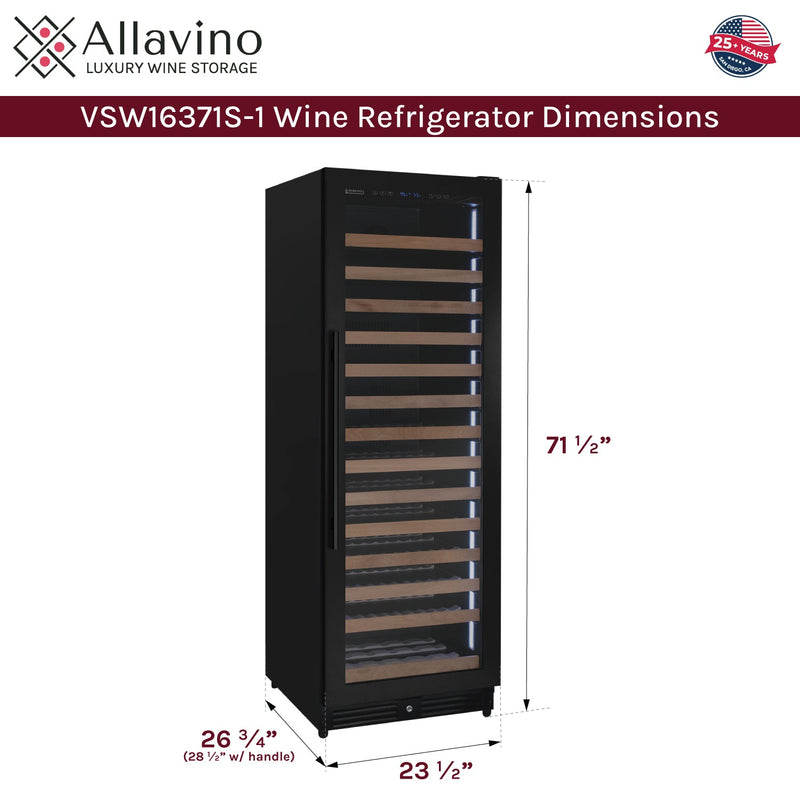 Reserva Series 163 Bottle 71" Tall Single Zone Right Hinge Black Metal Wine Cooler Refrigerator Allavino