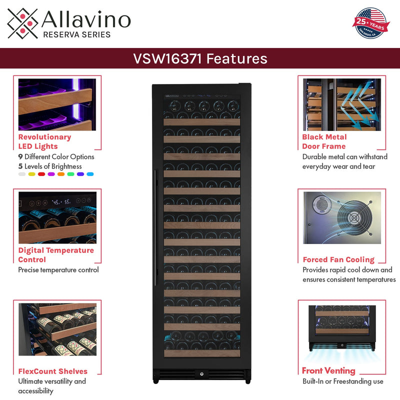 Reserva Series 163 Bottle 71" Tall Single Zone Right Hinge Black Metal Wine Cooler Refrigerator Allavino