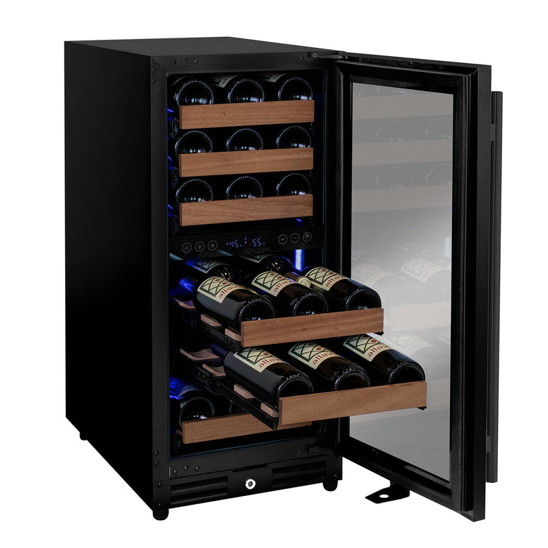 15" Wide Reserva Series 30 Bottle Dual Zone Black Right Hinge Wine Refrigerator Allavino
