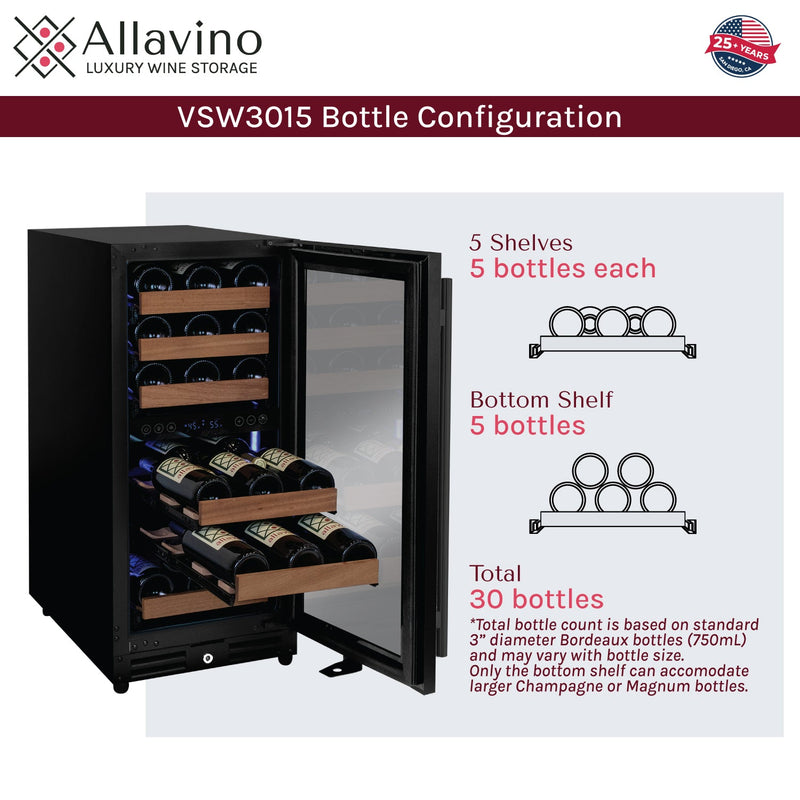 15" Wide Reserva Series 30 Bottle Dual Zone Black Right Hinge Wine Refrigerator Allavino
