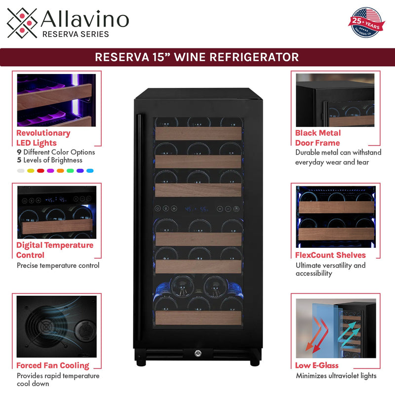 15" Wide Reserva Series 30 Bottle Dual Zone Black Right Hinge Wine Refrigerator Allavino