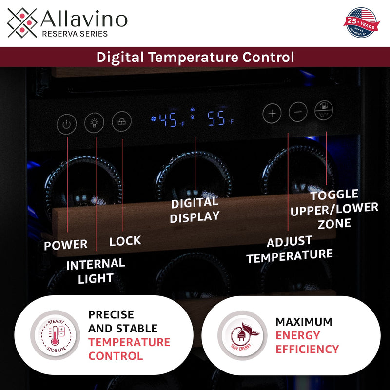 15" Wide Reserva Series 30 Bottle Dual Zone Black Right Hinge Wine Refrigerator Allavino