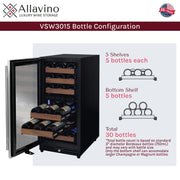 15" Wide Reserva Series 30 Bottle Dual Zone Stainless Steel Left Hinge Wine Refrigerator Allavino