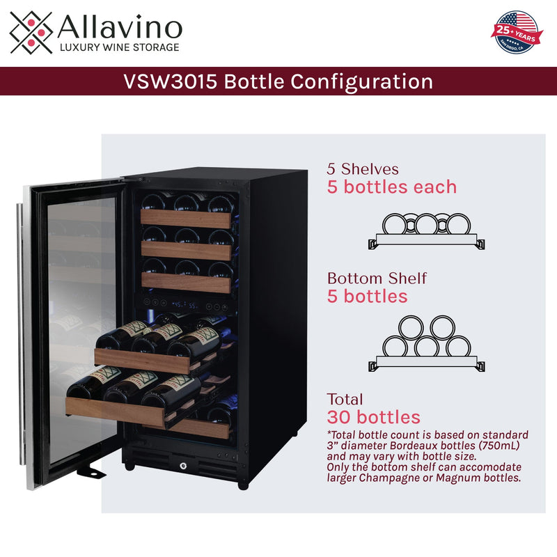 15" Wide Reserva Series 30 Bottle Dual Zone Stainless Steel Left Hinge Wine Refrigerator Allavino