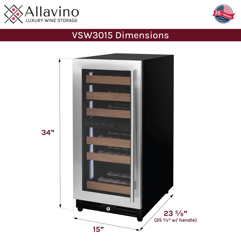 15" Wide Reserva Series 30 Bottle Dual Zone Stainless Steel Left Hinge Wine Refrigerator Allavino