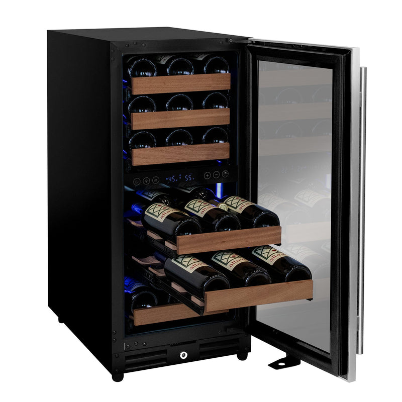 15" Wide Reserva Series 30 Bottle Dual Zone Stainless Steel Right Hinge Wine Refrigerator Allavino