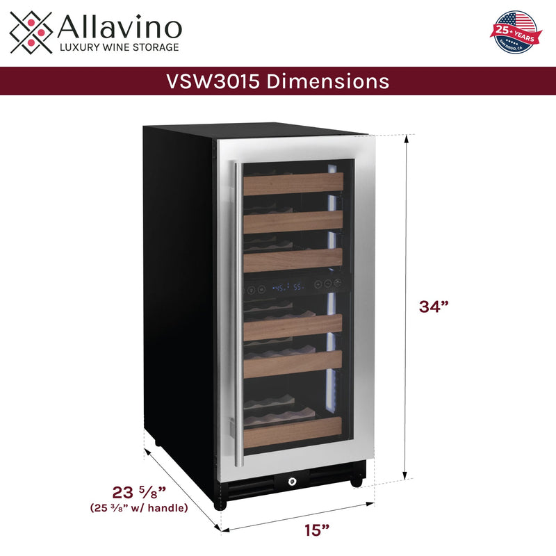 15" Wide Reserva Series 30 Bottle Dual Zone Stainless Steel Right Hinge Wine Refrigerator Allavino