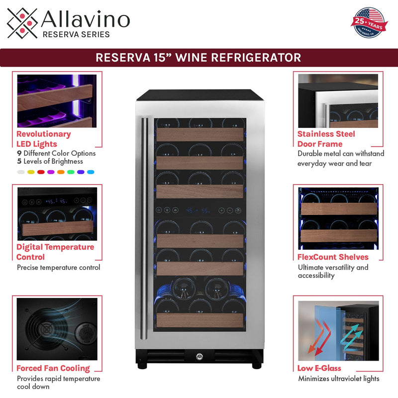 15" Wide Reserva Series 30 Bottle Dual Zone Stainless Steel Right Hinge Wine Refrigerator Allavino