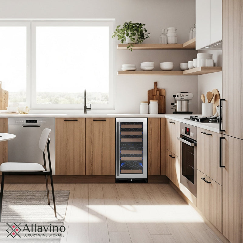 15" Wide Reserva Series 30 Bottle Dual Zone Stainless Steel Left Hinge Wine Refrigerator Allavino