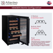 15" Wide Reserva Series 30 Bottle Single Zone Black Right Hinge Wine Refrigerator Allavino