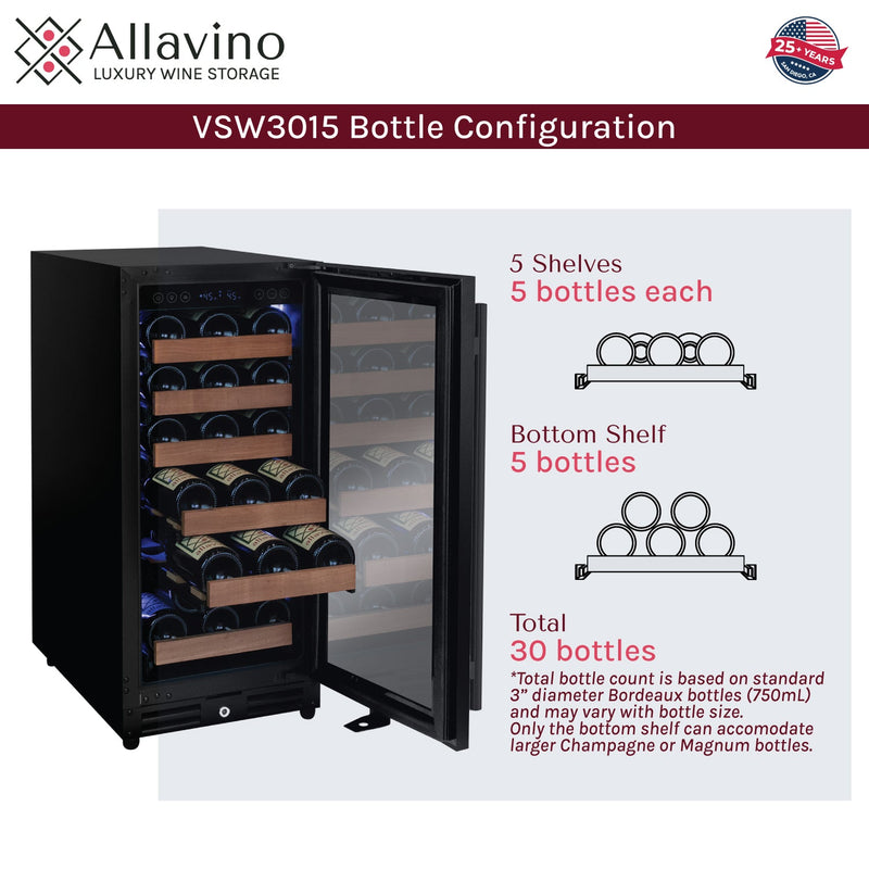 15" Wide Reserva Series 30 Bottle Single Zone Black Right Hinge Wine Refrigerator Allavino
