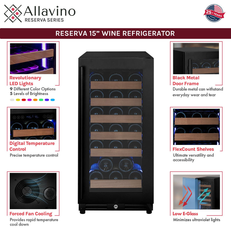 15" Wide Reserva Series 30 Bottle Single Zone Black Right Hinge Wine Refrigerator Allavino