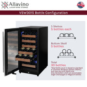 15" Wide Reserva Series 30 Bottle Single Zone Stainless Steel Left Hinge Wine Refrigerator Allavino