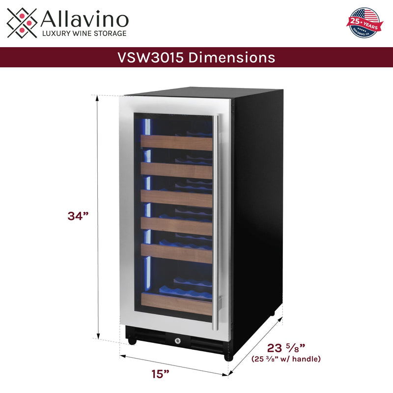 15" Wide Reserva Series 30 Bottle Single Zone Stainless Steel Left Hinge Wine Refrigerator Allavino
