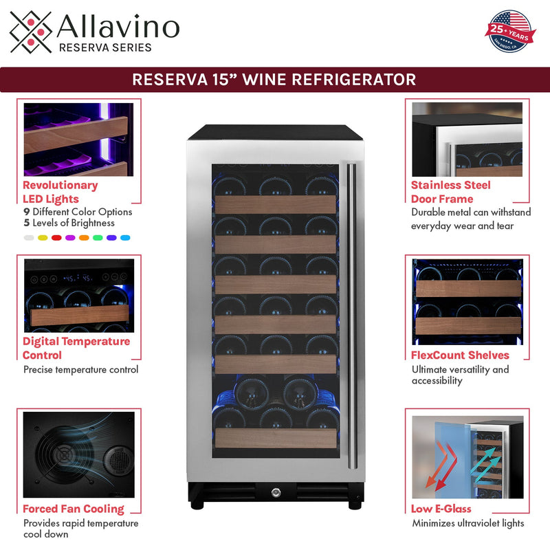 15" Wide Reserva Series 30 Bottle Single Zone Stainless Steel Left Hinge Wine Refrigerator Allavino