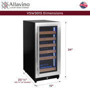 15" Wide Reserva Series 30 Bottle Single Zone Stainless Steel Right Hinge Wine Refrigerator Allavino