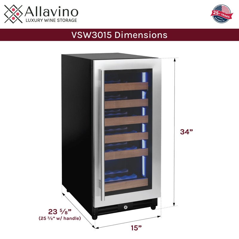 15" Wide Reserva Series 30 Bottle Single Zone Stainless Steel Right Hinge Wine Refrigerator Allavino