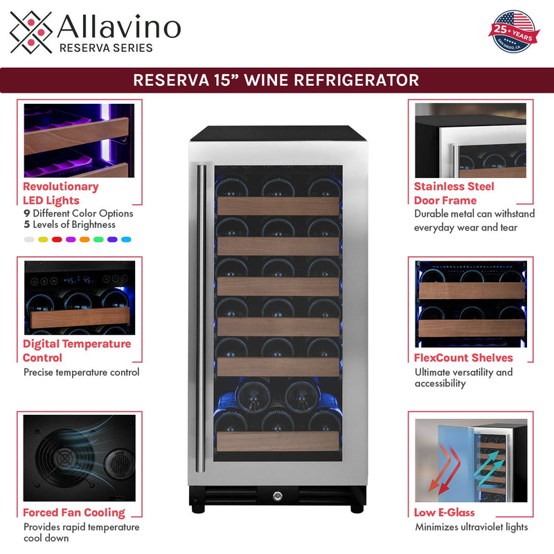 15" Wide Reserva Series 30 Bottle Single Zone Stainless Steel Right Hinge Wine Refrigerator Allavino