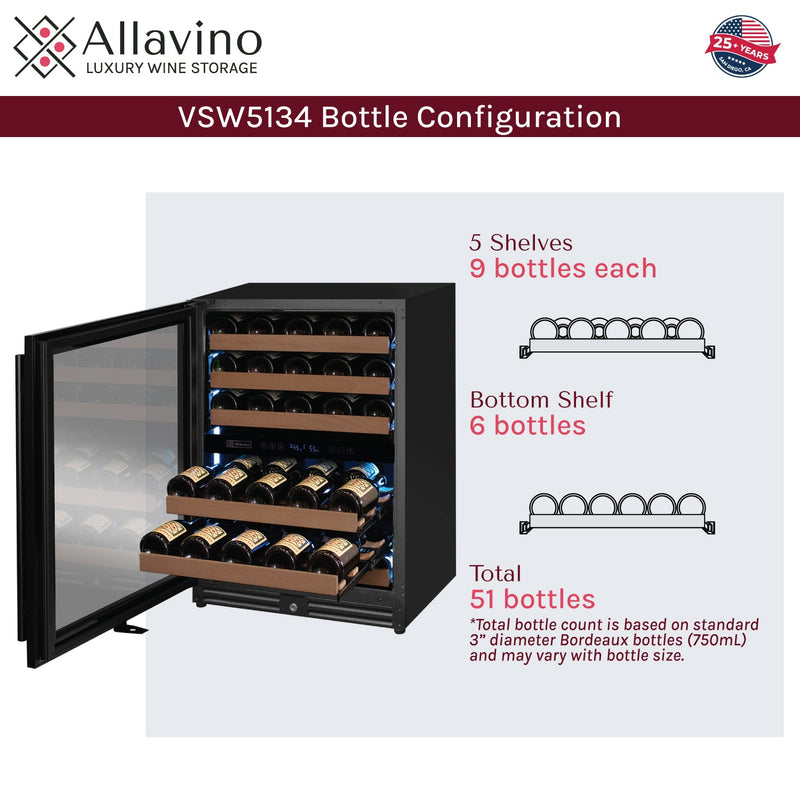 Reserva Series - 51 Bottle Dual Zone Built-in Luxury Wine Refrigerator with Black Door - Left Hinge Allavino