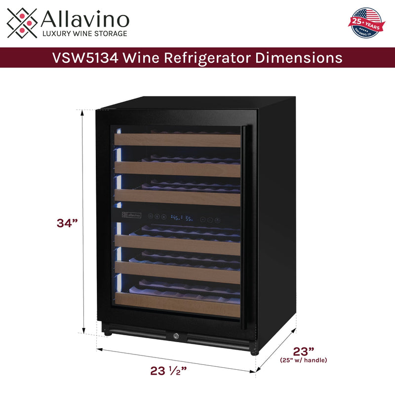 Reserva Series - 51 Bottle Dual Zone Built-in Luxury Wine Refrigerator with Black Door - Left Hinge Allavino