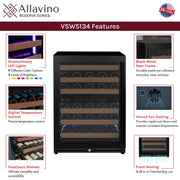 Reserva Series - 51 Bottle Dual Zone Built-in Luxury Wine Refrigerator with Black Door - Left Hinge Allavino