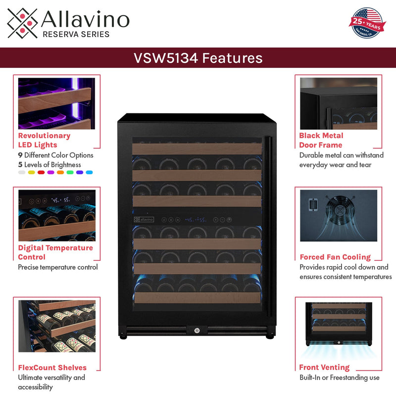 Reserva Series - 51 Bottle Dual Zone Built-in Luxury Wine Refrigerator with Black Door - Left Hinge Allavino