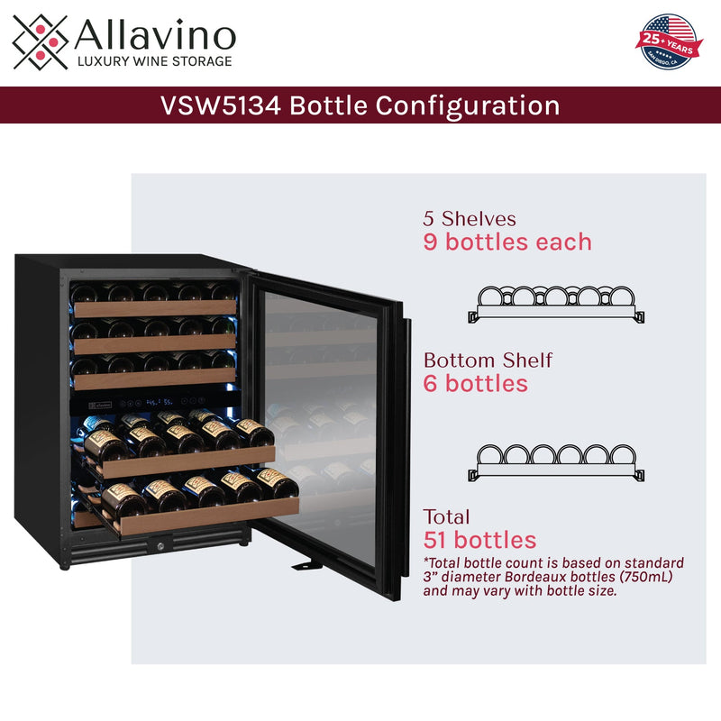 Reserva Series - 51 Bottle Dual Zone Built-in Luxury Wine Refrigerator with Black Door - Right Hinge Allavino