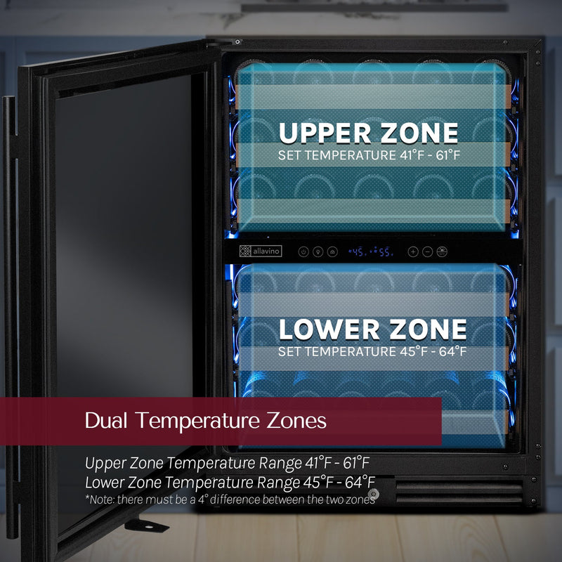 Reserva Series - 51 Bottle Dual Zone Built-in Luxury Wine Refrigerator with Black Door - Right Hinge Allavino