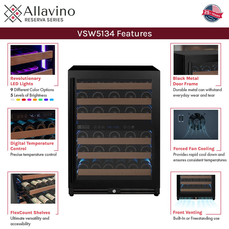 Reserva Series - 51 Bottle Dual Zone Built-in Luxury Wine Refrigerator with Black Door - Right Hinge Allavino
