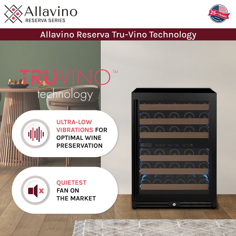 Reserva Series - 51 Bottle Dual Zone Built-in Luxury Wine Refrigerator with Black Door - Right Hinge Allavino