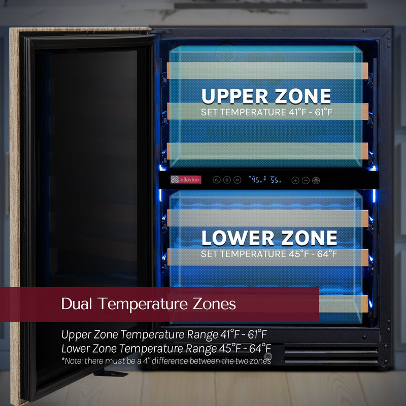 Reserva Series 51 Bottle Dual Zone Built-in Luxury Wine Refrigerator with Panel Ready Overlay Door - Left Hinge Allavino