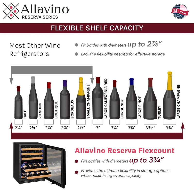 Reserva Series 51 Bottle Dual Zone Built-in Luxury Wine Refrigerator with Panel Ready Overlay Door - Left Hinge Allavino