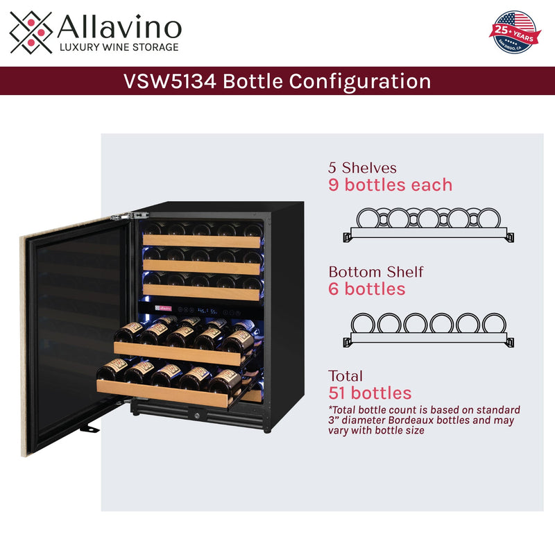 Reserva Series 51 Bottle Dual Zone Built-in Luxury Wine Refrigerator with Panel Ready Overlay Door - Left Hinge Allavino