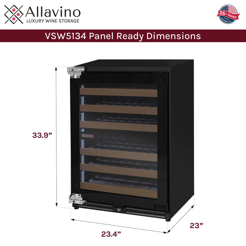 Reserva Series 51 Bottle Dual Zone Built-in Luxury Wine Refrigerator with Panel Ready Overlay Door - Left Hinge Allavino
