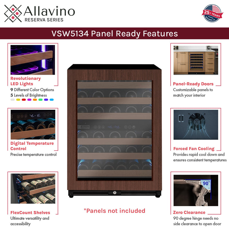Reserva Series 51 Bottle Dual Zone Built-in Luxury Wine Refrigerator with Panel Ready Overlay Door - Left Hinge Allavino