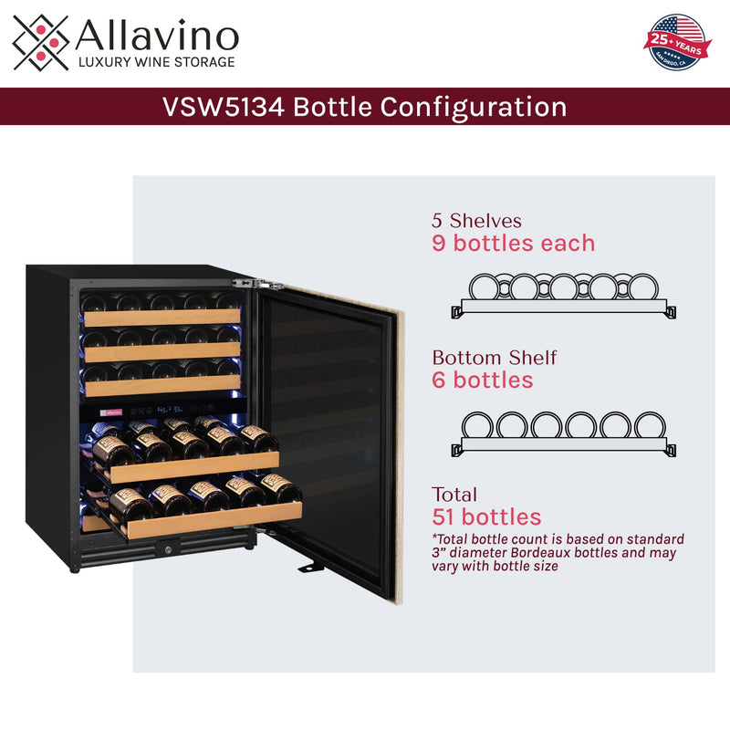 Reserva Series - 56 Bottle Dual Zone Built-in Luxury Wine Refrigerator with Panel Ready Overlay Door - Right Hinge Allavino