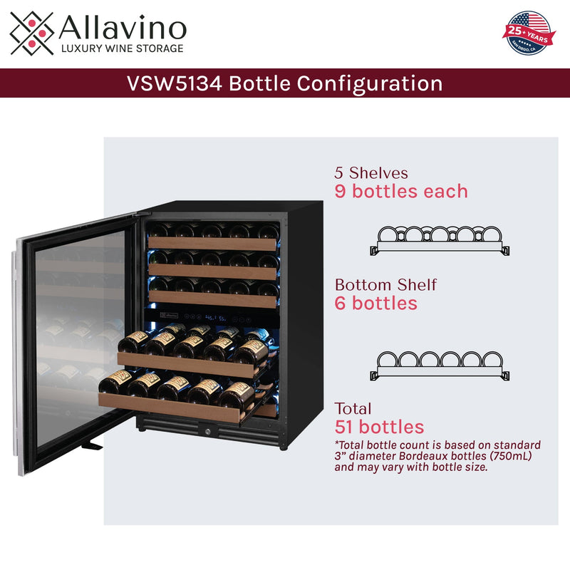 Reserva Series - 51 Bottle Dual Zone Built-in Luxury Wine Refrigerator with Stainless Steel Door - Left Hinge Allavino