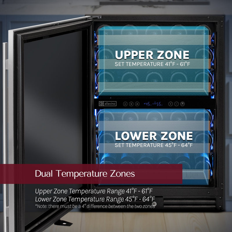 Reserva Series - 51 Bottle Dual Zone Built-in Luxury Wine Refrigerator with Stainless Steel Door - Left Hinge Allavino