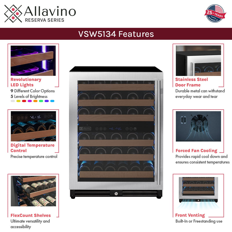 Reserva Series - 51 Bottle Dual Zone Built-in Luxury Wine Refrigerator with Stainless Steel Door - Left Hinge Allavino