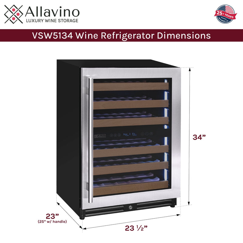 Reserva Series - 51 Bottle Dual Zone Built-in Luxury Wine Refrigerator with Stainless Steel Door - Right Hinge Allavino