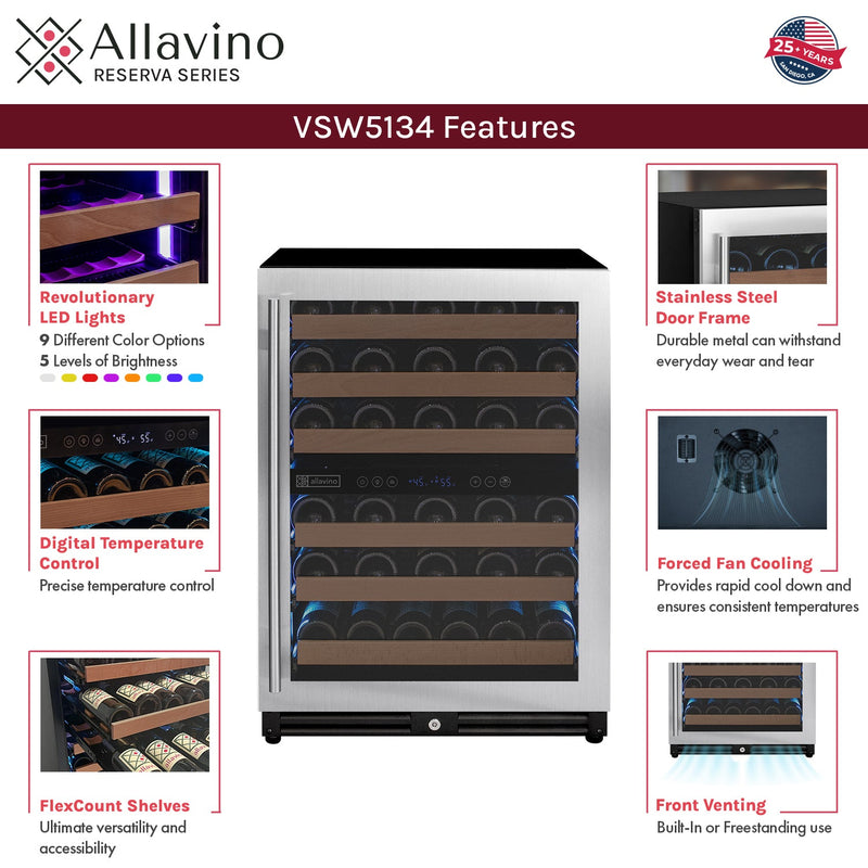 Reserva Series - 51 Bottle Dual Zone Built-in Luxury Wine Refrigerator with Stainless Steel Door - Right Hinge Allavino